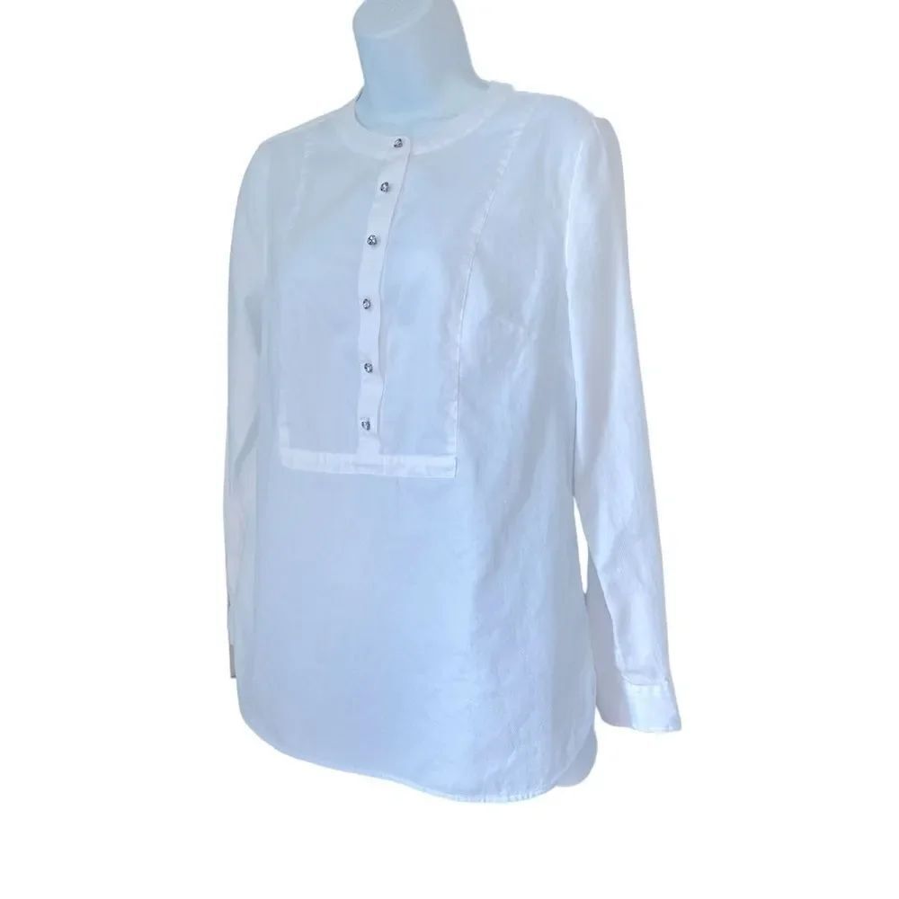 Talbots White Classic Tunic Mandarin Collar Gem 100% Cotton Timeless Blouse S
